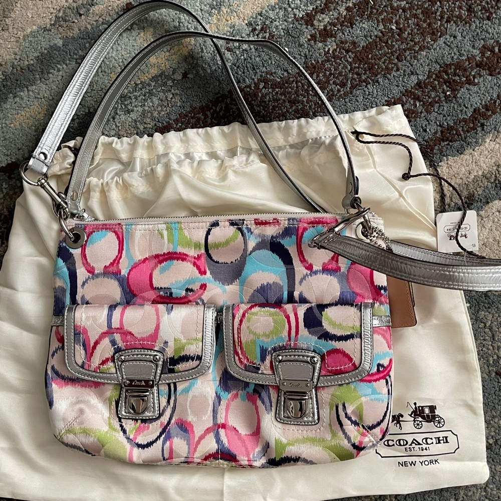 Coach Colorful Patterned Shoulder Bag with Silver Accents
